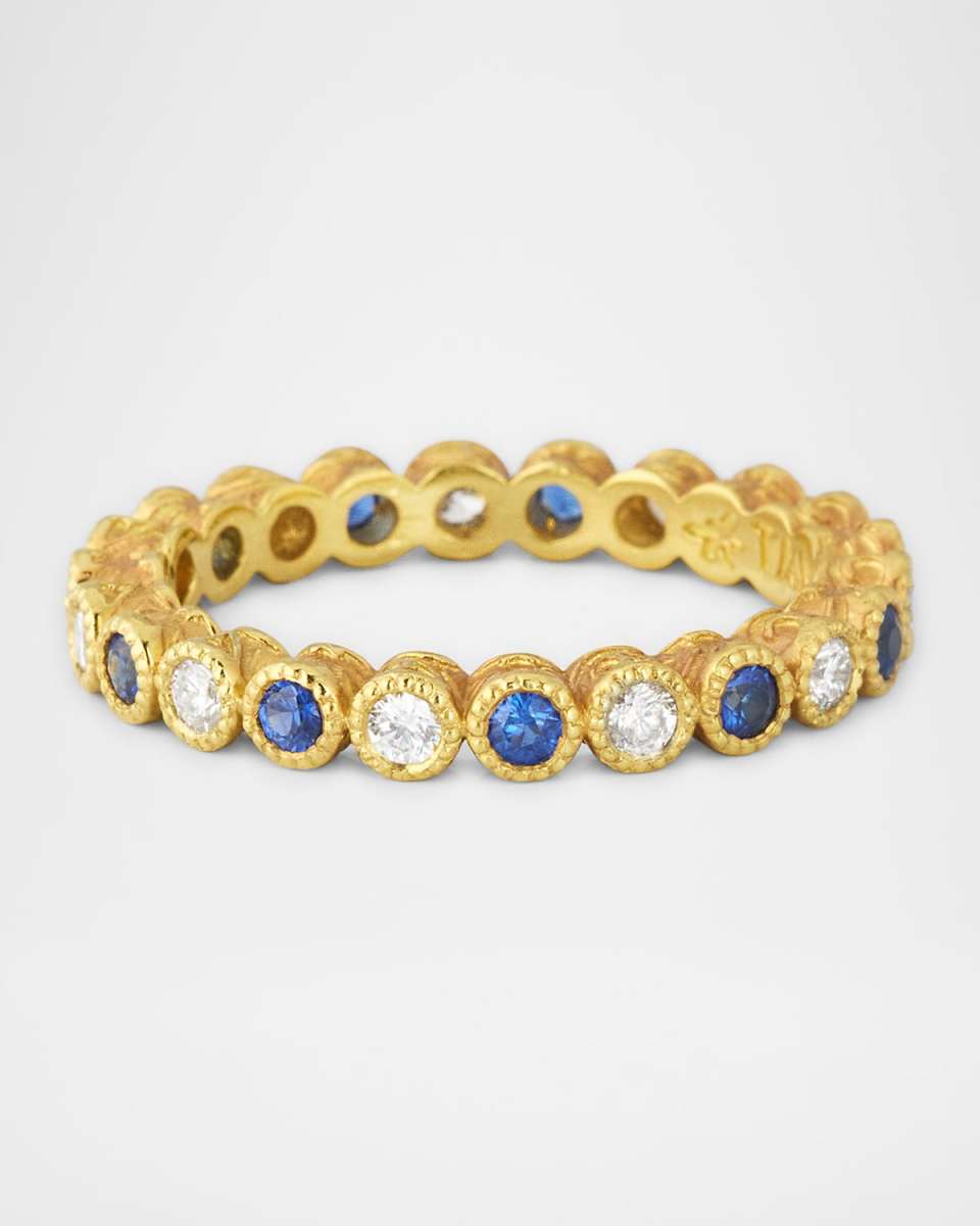 18K Yellow Gold Diamond and Blue Sapphire Stack Ring, Size 6.5